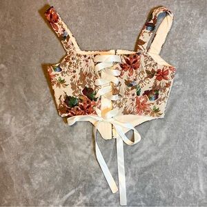 Renaissance Bodice Corset Top Womens S Rust Gold Jacquard Lace-Up Costume Folk